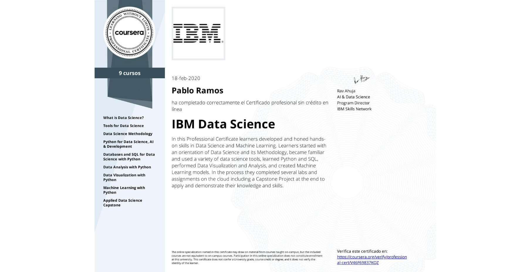 IBM Data Science certificate Coursera